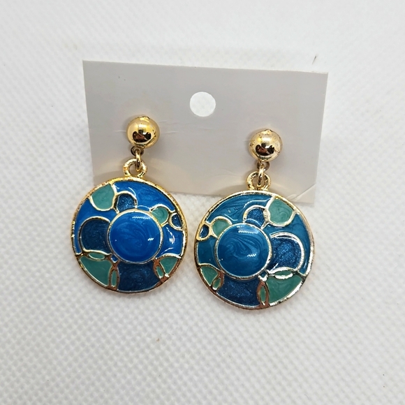 Elegant Blue and Gold Enamel  Earrings vintage style - Picture 14 of 14